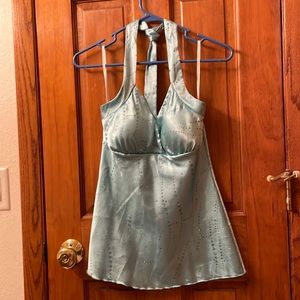 FREE SHIPPING Sparkly Aquamarine Evening Halter Top Size Small
